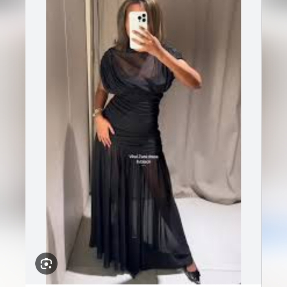 Zara Elegant Black Combined Draped Long  Dress - Picture 11 of 13